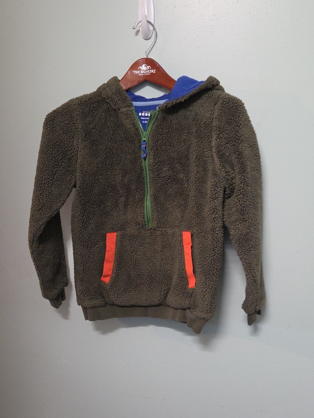 Mini Boden Olive Sherpa Hoodie with Orange Accents